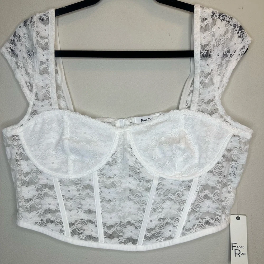 NWT Faded Rose Corset Bustier Women's White Cropped Lace Top Size XL - Picture 1 of 8